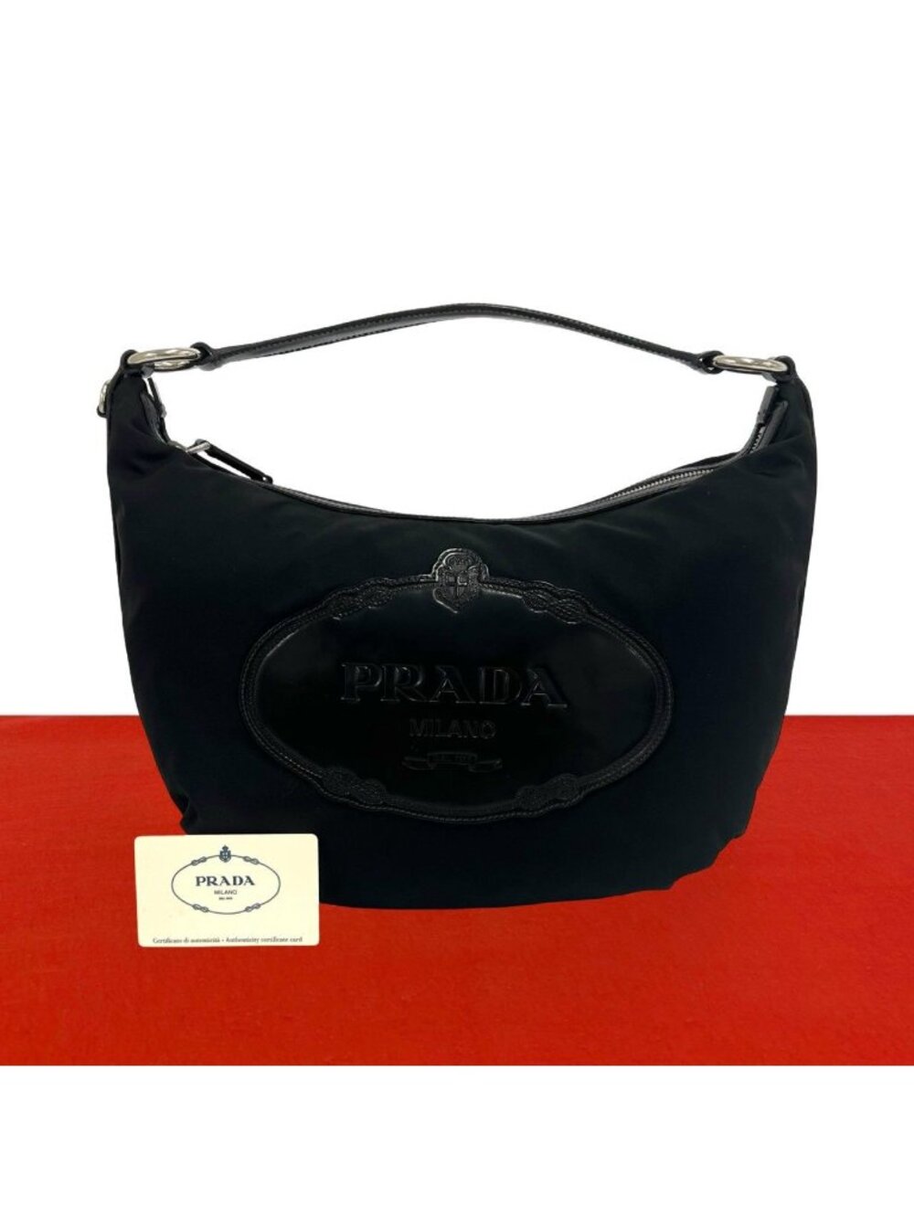 Prada Tessuto Pocono Nylon Logo Stamp Leather Shoulder Bag Tote Black